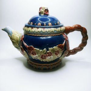 Vintage Ceramic Majolica Tea Pot Pottery Blue Floral 3D Design